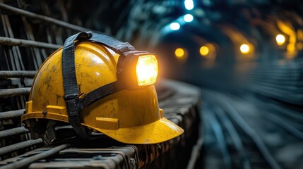 Yellow hard hat with headlamp resting on metal framework inside dark underground mine tunnel, illuminated by distant lights, highlighting safety and mining work environment