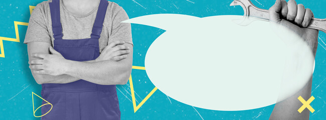 Art collage, An electrician prepares to work on a project with tools and plans on a bright blue...