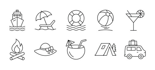 Summer vacation line icon set, beach, cruise, camping, cocktail, drinks, travel van, and more elements in vector outline style