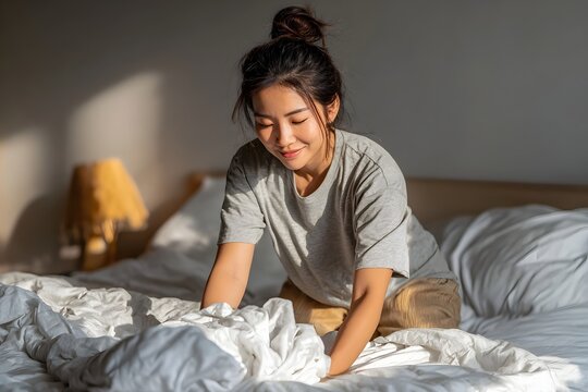 Woman making her bed in a cozy, peaceful bedroom