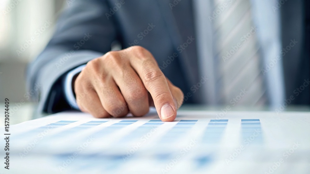Poster a business professional's hand points at a data chart, emphasizing analysis and decision-making.
