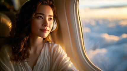 Business class cabin scene with Chinese woman wearing headphones, gazing through oval window at sunlit clouds, tray table folded away, overall atmosphere of comfort and quiet luxur