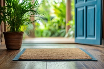 Close-up of natural fiber doormat on wooden floor with open blue doors. Potted plant in frame. Bright daylight outside. Inviting home entrance. Clean, fresh, cozy mood. Interior, lifestyle. Banner