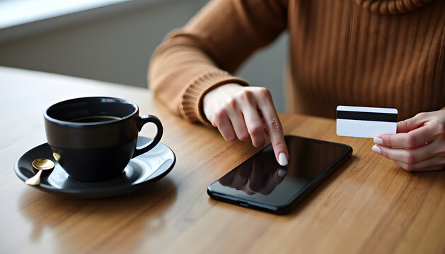 Woman shopping online with a credit card and smartphone during her coffee break.