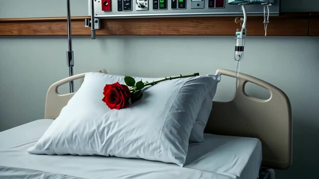 Red rose on a hospital bed, symbolising care, love and healthcare in hospital room.