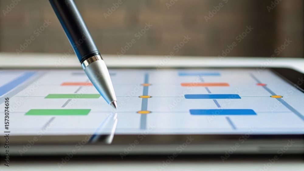 Poster a pen hovers over a digital tablet displaying a colorful grid or interface, suggesting a focus on te