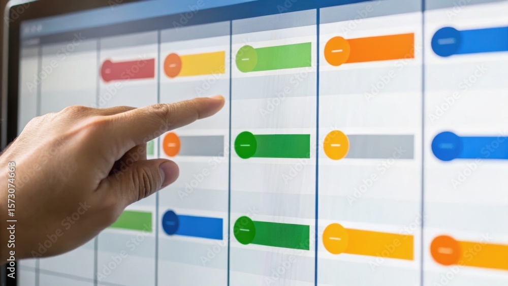 Poster a hand interacts with a touchscreen display featuring colorful sliders, suggesting engagement with a