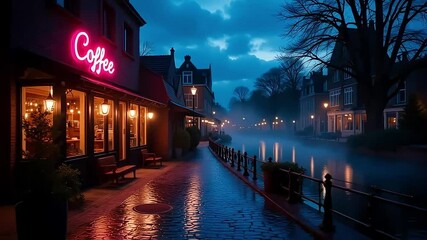 Nighttime amsterdam canal scene with coffee shop lights and reflections on the water street view