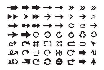Black directional arrows icons set with right left curved circular turn rotation and navigation symbols in bold solid style design collection for UI UX web and print uses EPS Pro