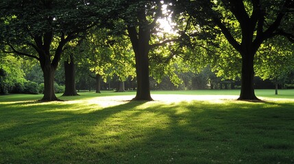 Fototapeta premium Sunlit park scene with large trees casting shadows on a vibrant green lawn. Peaceful, serene atmosphere