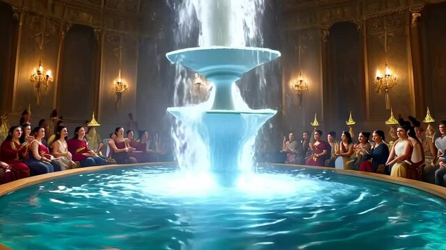 An Enchanting Gathering Around a Majestic Fountain in a Classically Designed Hall