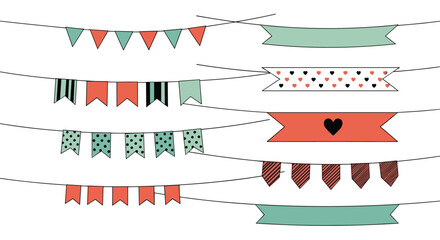 Decorative bunting and banners for celebrations and parties with various patterns and colors