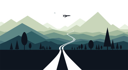 Serene mountain landscape with winding road and distant airplane under a cloudy sky
