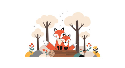 Charming forest scene featuring two adorable foxes sitting together on a log surrounded by trees and flowers