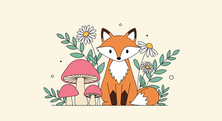 Adorable whimsical woodland fox sitting amongst cute pink mushrooms and delicate wildflowers