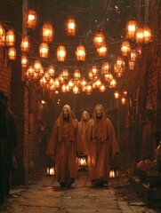 Lantern Lit Alley with Mysterious Figures in Robes, Fantasy Setting, Halloween, or Festival Imagery