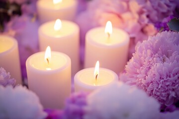 Close-up of glowing white candles surrounded by soft flowers. Warm flame light. Romantic, peaceful ambiance. Blurred pastel background. Spa, relaxation, mindfulness. Cozy mood. Banner, copy space