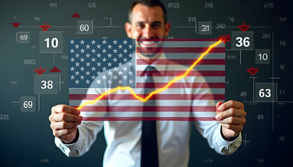 Businessman presenting a financial chart overlayed on the American flag, symbolizing economic growth and success.