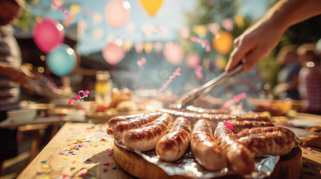 Grilled Sausages on Festive Outdoor Party Table with Balloons and Confetti