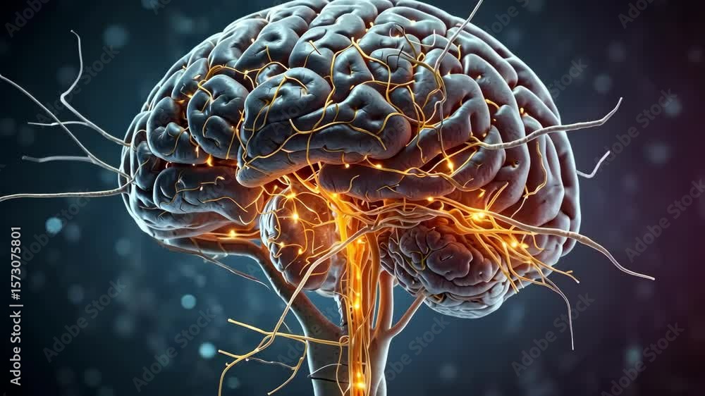 Poster human brain with neural connections highlighted, representing science and technology.