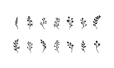 Thin Botanical Elements. A variety of small, minimal plant sprigs with simple leaves in elegant inked strokes, ideal for botanical-themed compositions.