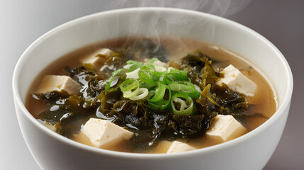 Steaming miso soup with tofu cubes, seaweed and scallions in white bowl
