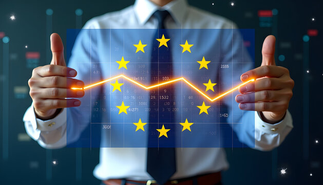 The European Union flag with a rising financial graph, representing economic growth and success.
