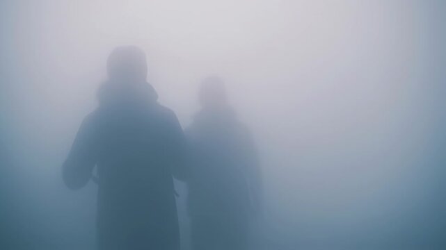 Silhouettes walk through foggy landscape at dawn, exploring the wilderness in a serene environment