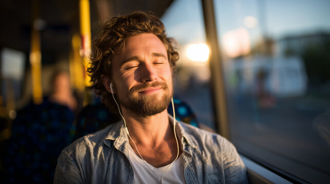 Young man with headphones smiles softly, eyes closed, as golden hour sunlight streams warmly through bus window, casting a gentle glow on his relaxed face during peaceful travel mo
