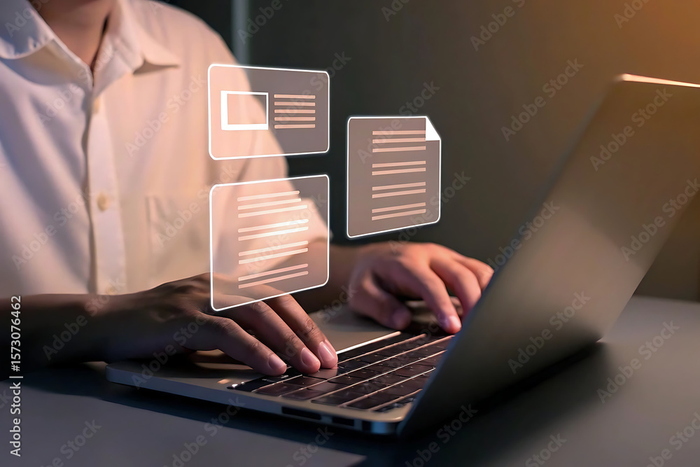 Poster person typing on laptop with digital document icons representing data management and information pro
