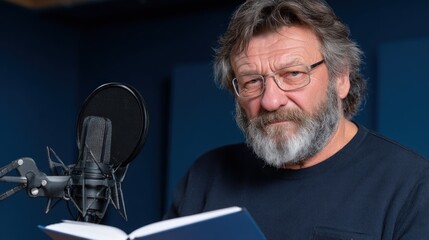 Middle-aged man with a thick beard wears glasses while reading a book in a recording studio, surrounded by sound equipment. focused expression conveys concentration and dedication to work