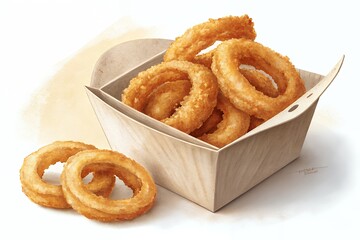 Delicious golden brown crispy onion rings served in a rustic cardboard container with two rings in the foreground