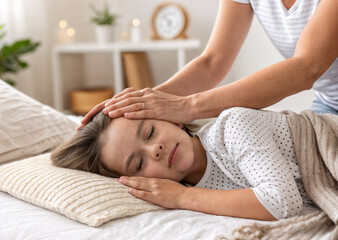 In the image, a person is gently touching the head of a sleeping child on a bed, creating a calm and nurturing atmosphere. The child is dressed in a patterned shirt and is covered with a blanket, lyin