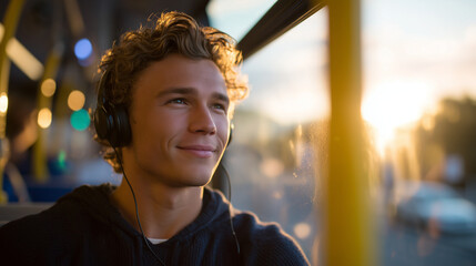 Side view of young man with headphones smiling contentedly, eyes closed, bathed in warm golden hour light streaming through bus window, capturing quiet joy of travel