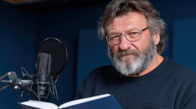 Middle-aged man with a thick beard wears glasses while reading a book in a recording studio, surrounded by sound equipment. focused expression conveys concentration and dedication to work - Powered by Adobe