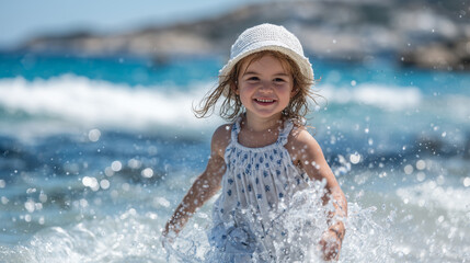 Cheerful child enjoying summer beach day, wading through clear azure water, sunlight casting glittering highlights on the water surface, soft sandy shoreline visible beyond, evokin