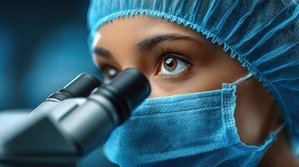 dedicated scientist wearing a face mask and protective headgear examines specimens through a microscope in a well-equipped laboratory. atmosphere is focused on research and discovery