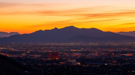 Vibrant sunset over a sprawling city, silhouetted against a majestic mountain range.  City lights twinkle beneath the fiery sky