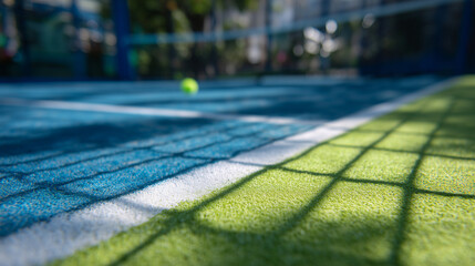 Sun-drenched padel court with taut net casting intricate shadows, bold color contrast between turquoise and lime green surfaces under clear sky, ideal for outdoor player training a