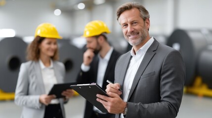 Supervisors in hard hats engage in a meeting at a manufacturing facility while reviewing project notes and inspecting production materials. Focus is on teamwork and efficiency