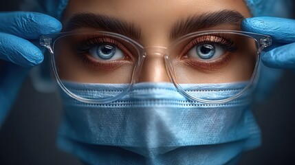healthcare professional with striking blue eyes adjusts her glasses, wearing a blue mask and gloves. setting conveys a sense of dedication in a clinical atmosphere, highlighting her focus
