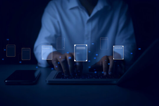 Man Typing on Laptop with Digital File Icons Displayed Representing Document Management and Workflow Automation in a Modern Business Environment