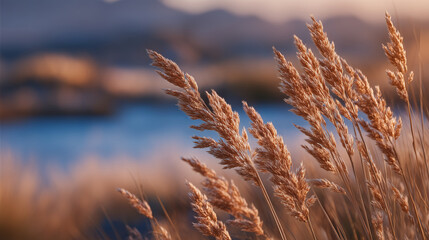 Fototapeta premium Warm sunlight filters through tall grass plumes, casting soft golden hues across textured meadow, gentle breeze causing tender movement in dry reeds, evoking quiet rural serenity