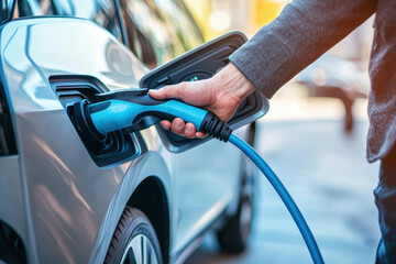 Close-up of man’s hand plugging in electric vehicle charger. Shiny blue car surface reflects ambient light. Concept of clean energy, EV technology, green transportation. Modern detail. Banner.