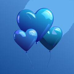 Three Glossy Blue Heart Balloons Floating on Blue Background
