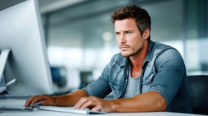 confident man engages with a computer in a bright, contemporary office space. He appears deep in thought while processing information on the screen