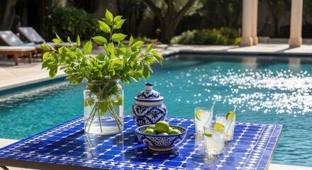 Refreshing Summer Drinks by the Poolside with Vibrant Blue Table
