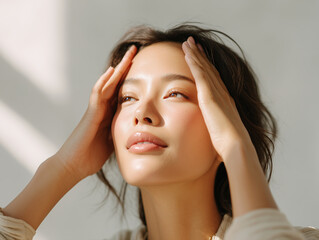 Fototapeta premium Mujer joven disfrutando de la luz natural con expresión relajada