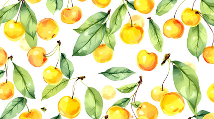 Watercolor background pattern yellow cherries on white background
