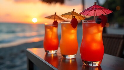 Tropical cocktails at sunset on a beach offer a refreshing and luxurious experience in a vacation getaway.